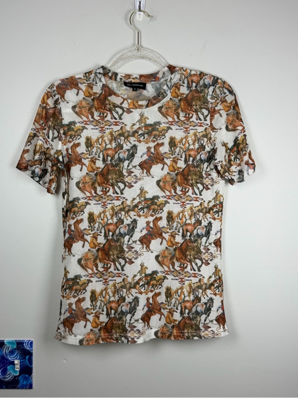 Merigold Kiss Western Horse Print Mesh SS Top Sheer Cowboy Aztec Rodeo Small